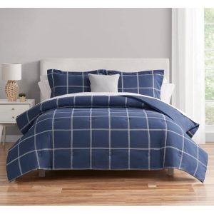 Mainstays Navy Windowpane 10 Piece Bed in a Bag Comforter Set with Sheets, King.