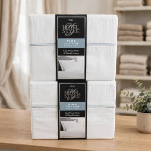 Hotel Style 4-Piece White Pima Cotton Bed Sheet Set with Blue Double Marrow Hem, Full, Adult/Teen.