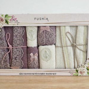 Fushia Aile Banyo 6pcs Couple Bathrobe Set purple/ off white.